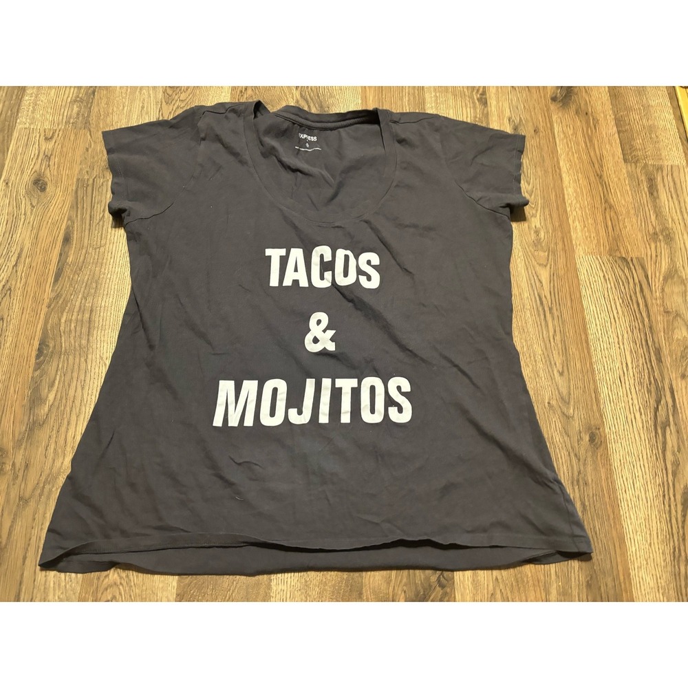 Express Tacos & Mojitos T Shirt Womens XL Gray Graphic Tee Scoop Neck Excellent